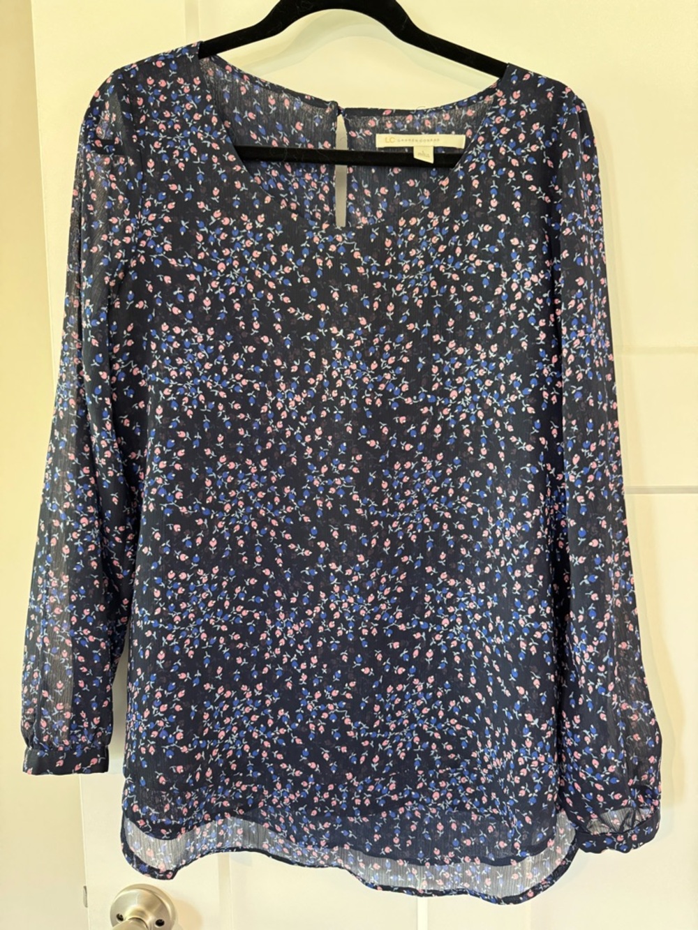 LC Lauren Conrad Navy Floral Sheer Long-Sleeve Blouse